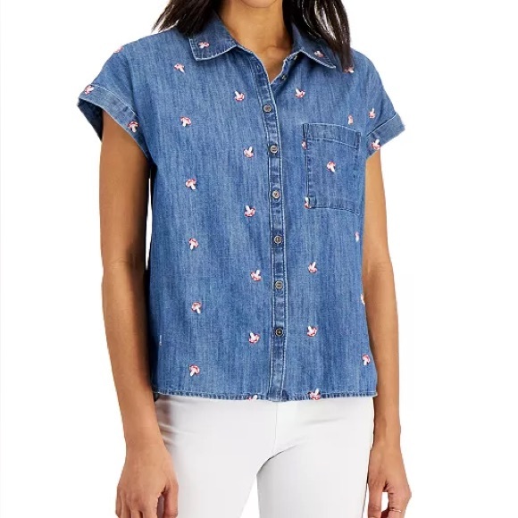 Style & Co. Women’s Camp Shirt Denim Mushroom Size XL 100% Cotton Novelty - Picture 1 of 10